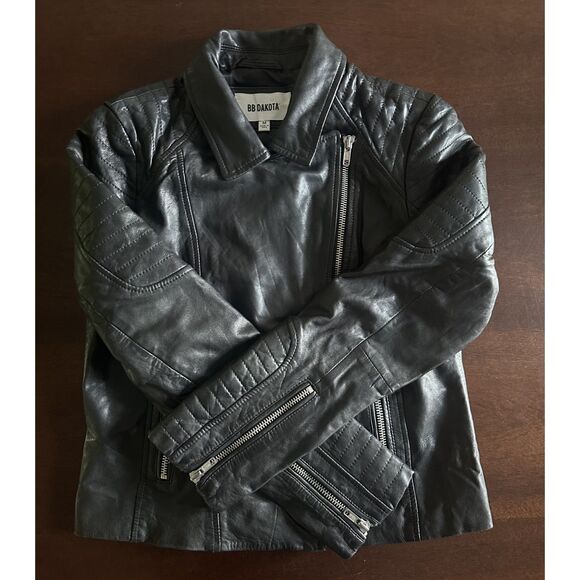 BB Dakota Moto Real Leather Jacket Black Asymmetrical Silver Zipper Modern Edgy - Picture 15 of 15